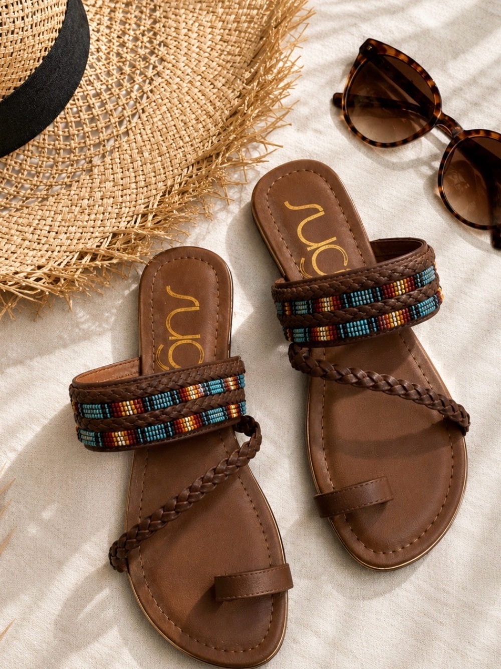 Sugar Dawson Beaded Boho Toe Ring Sandals Brown Festival Beach Size 10 NWOT